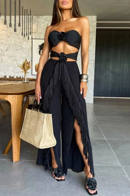 Tassel Hollowed Out Backless Slit Strapless Sleeveless Two Pieces