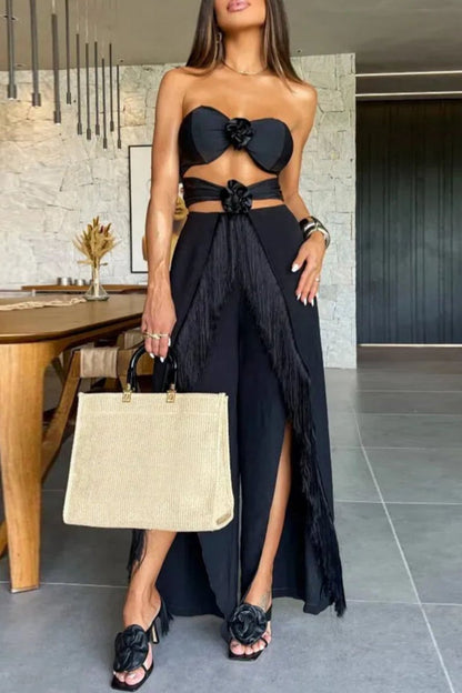 Tassel Hollowed Out Backless Slit Strapless Sleeveless Two Pieces