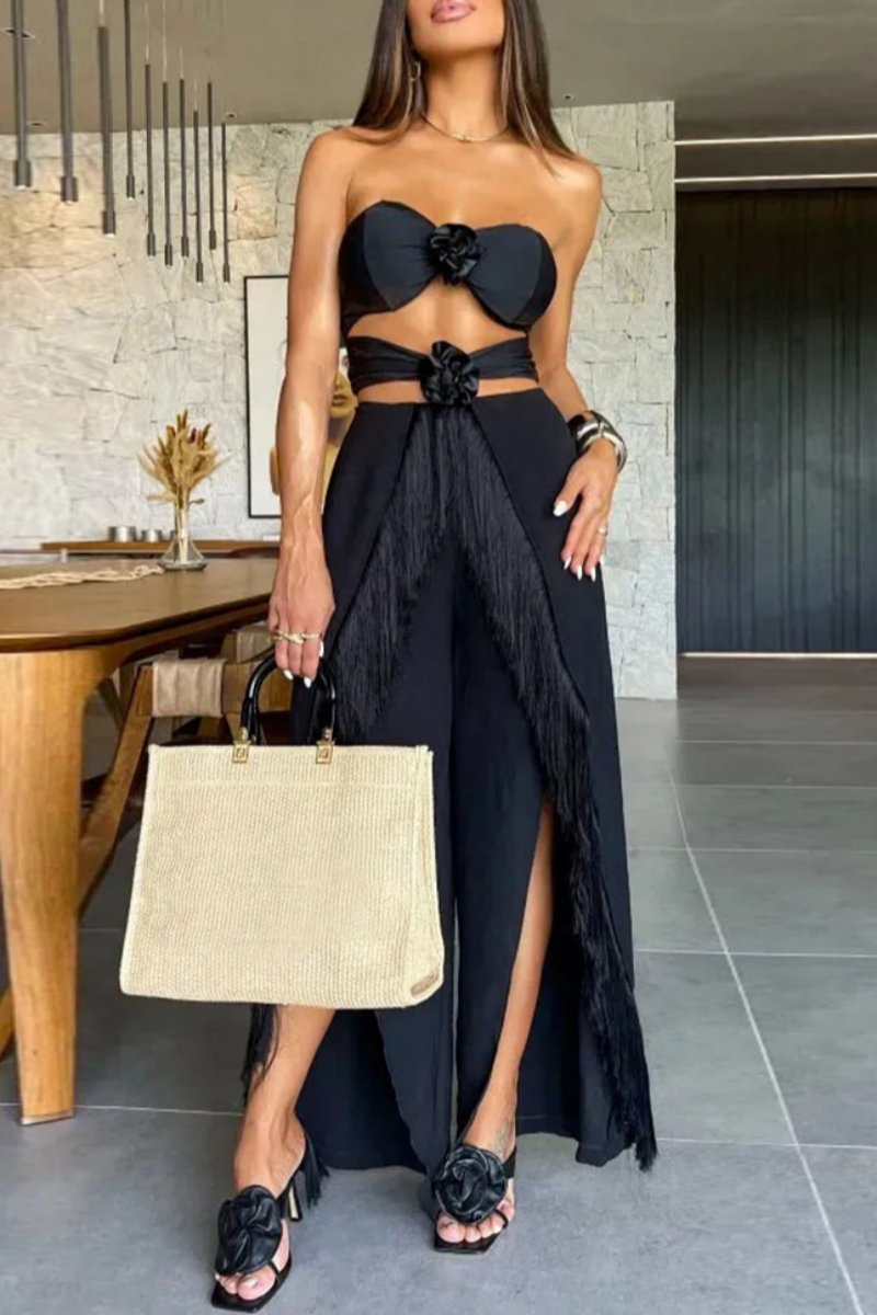 Tassel Hollowed Out Backless Slit Strapless Sleeveless Two Pieces