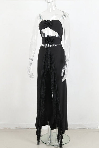 Tassel Hollowed Out Backless Slit Strapless Sleeveless Two Pieces