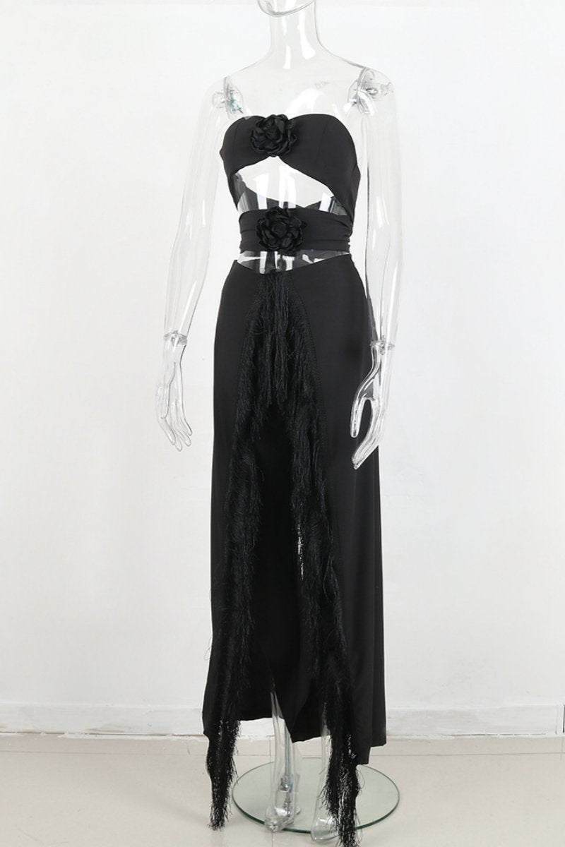 Tassel Hollowed Out Backless Slit Strapless Sleeveless Two Pieces