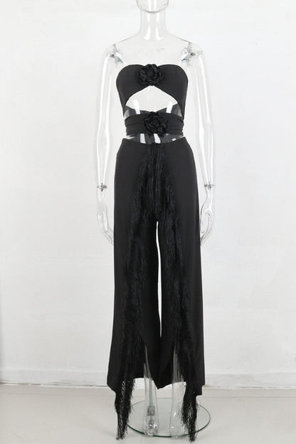 Tassel Hollowed Out Backless Slit Strapless Sleeveless Two Pieces