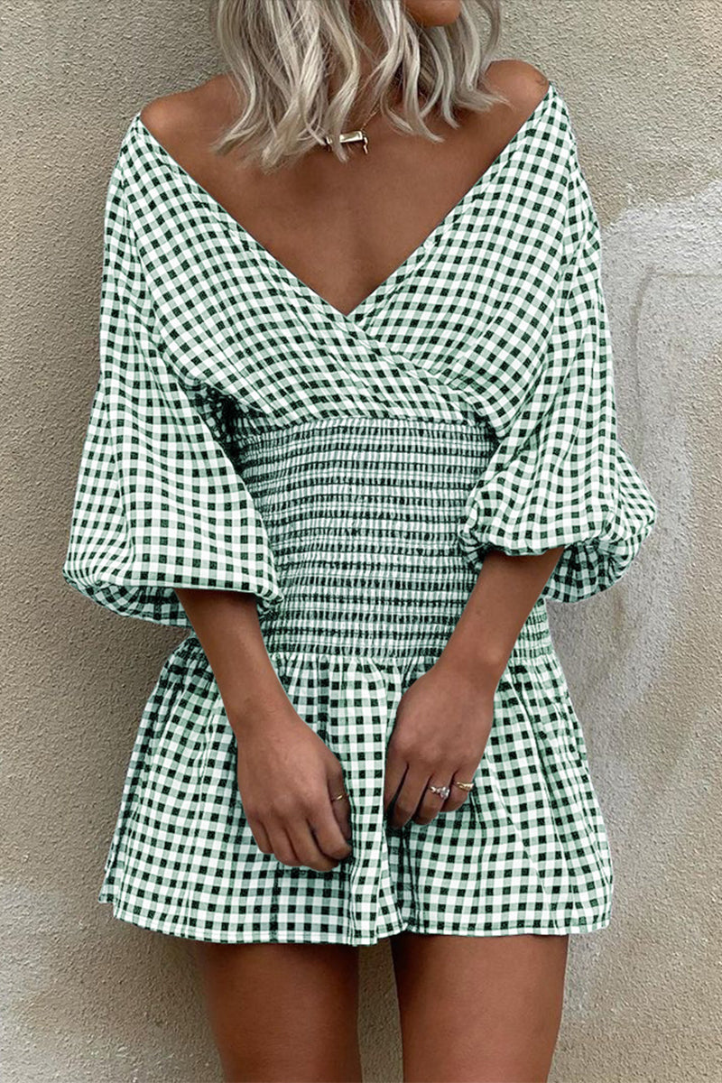 Plaid V Neck Waist Skirt Dresses(5 Colors)