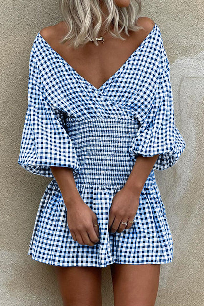 Plaid V Neck Waist Skirt Dresses(5 Colors)