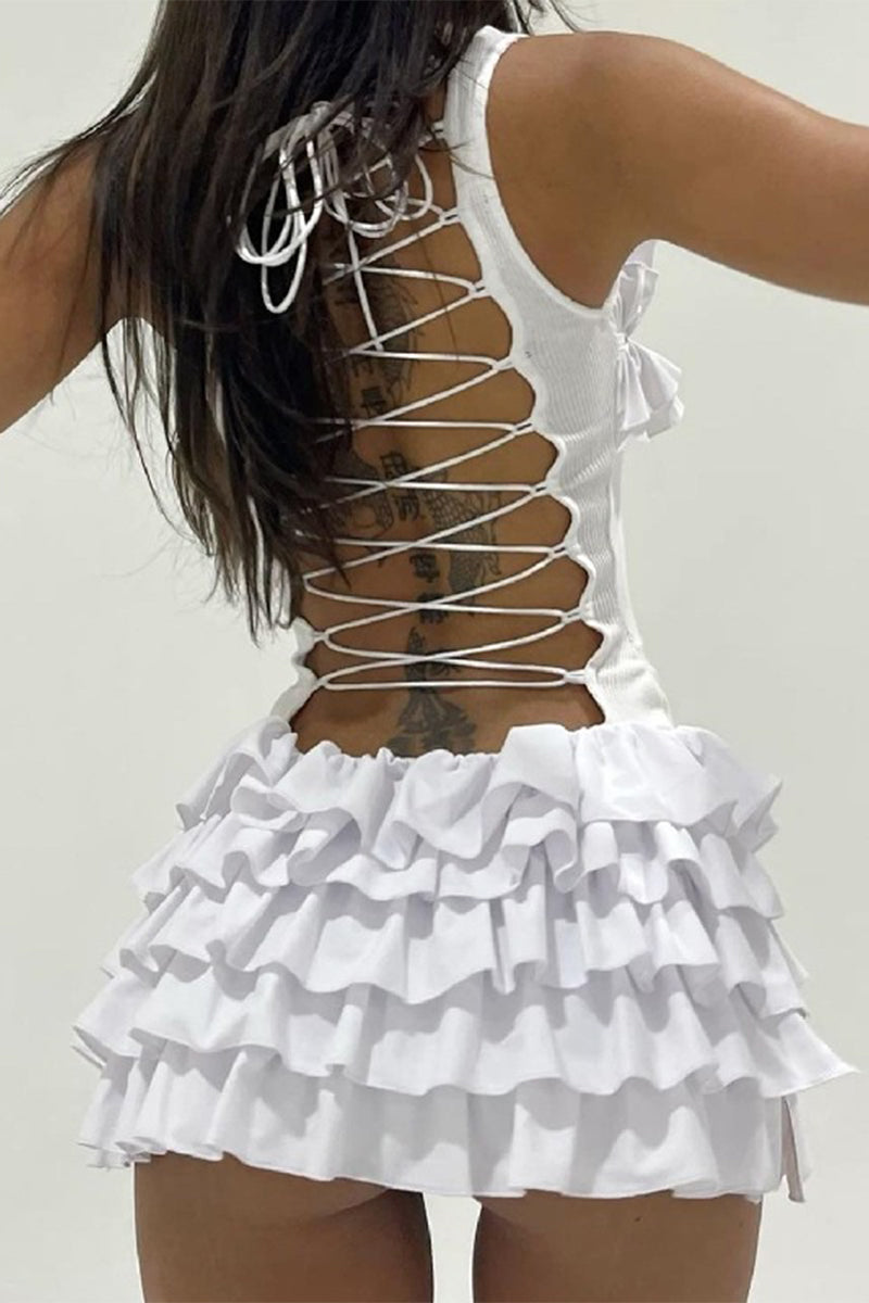 Backless Flounce Strap Design O Neck Cake Skirt Dresses