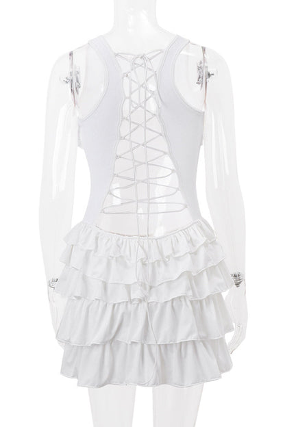 Backless Flounce Strap Design O Neck Cake Skirt Dresses