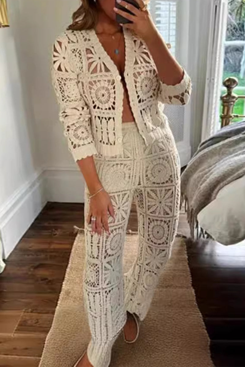 Hook Flower Hollowed Out V Neck Long Sleeve Two Pieces