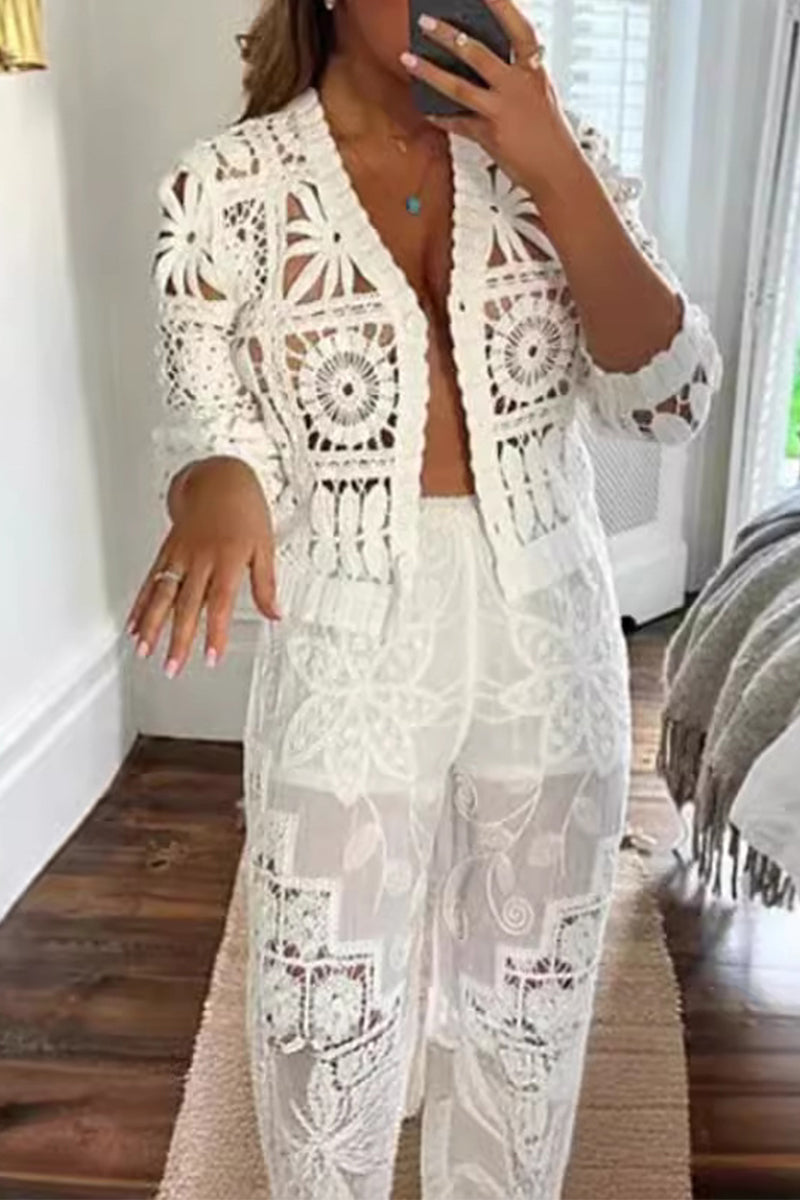 Hook Flower Hollowed Out V Neck Long Sleeve Two Pieces