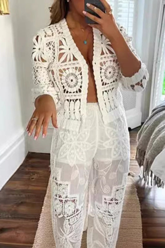 Hook Flower Hollowed Out V Neck Long Sleeve Two Pieces