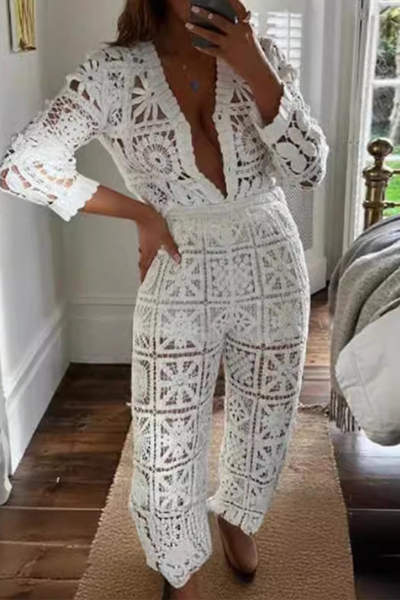 Hook Flower Hollowed Out V Neck Long Sleeve Two Pieces