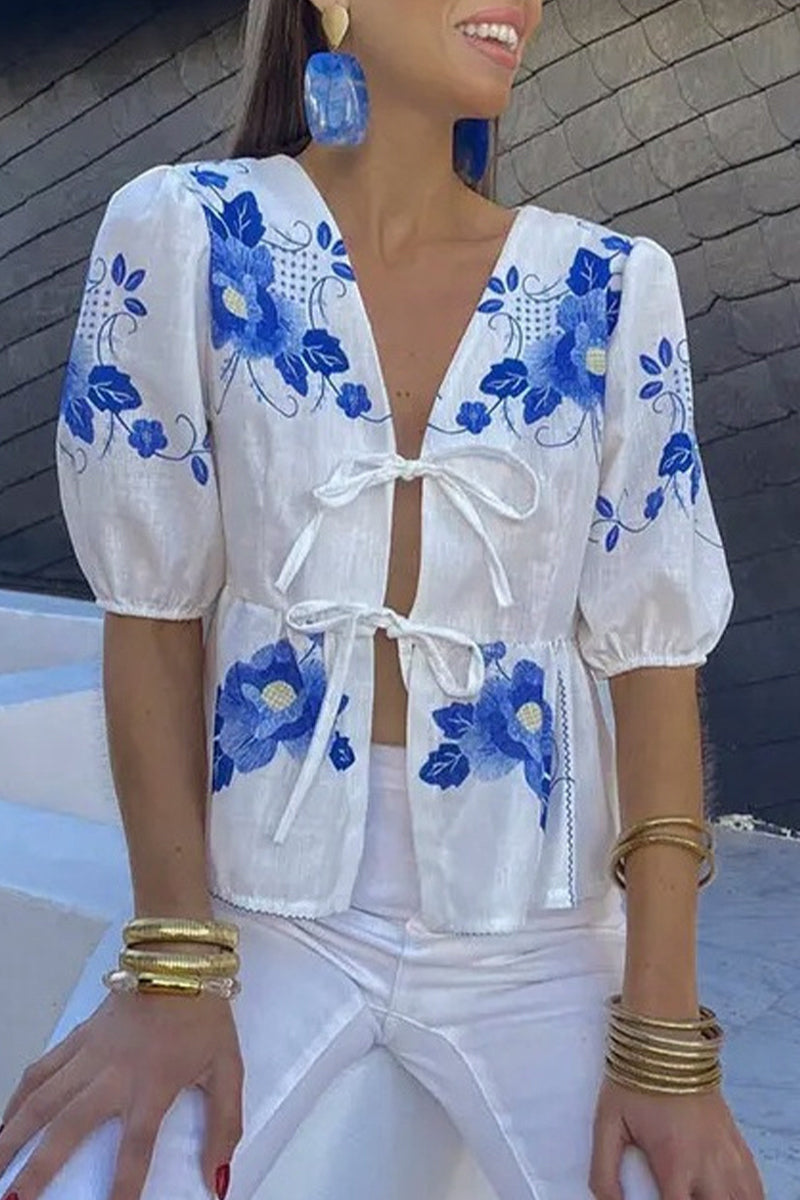Print Flowers Frenulum V Neck Blouses
