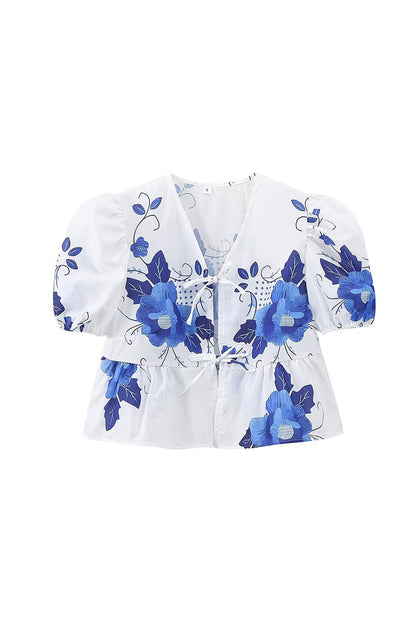 Print Flowers Frenulum V Neck Blouses
