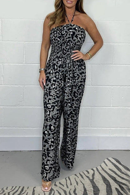 National Totem Print Patchwork Halter Loose Jumpsuits