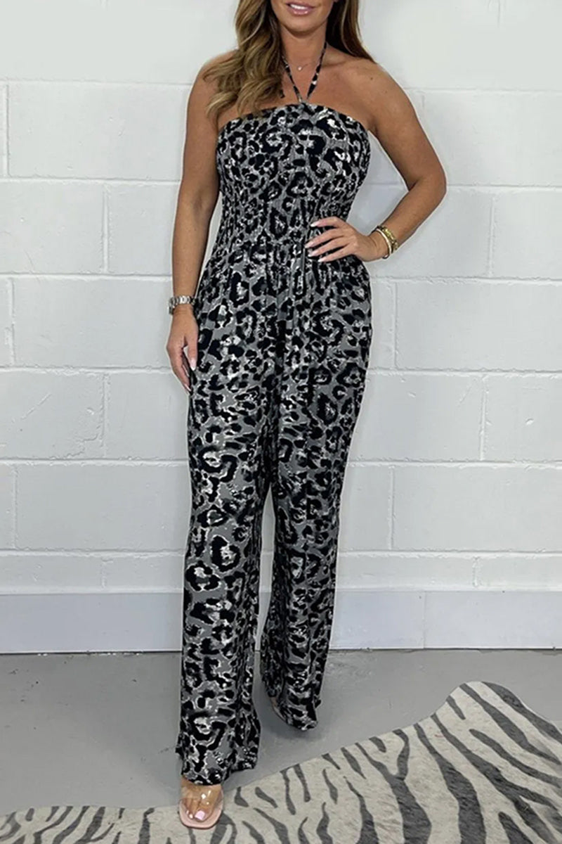 National Totem Print Patchwork Halter Loose Jumpsuits