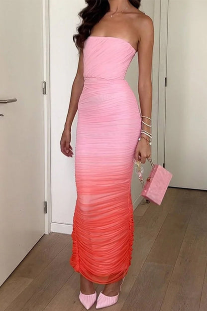 Gradient Print Fold Strapless One Step Skirt Dresses