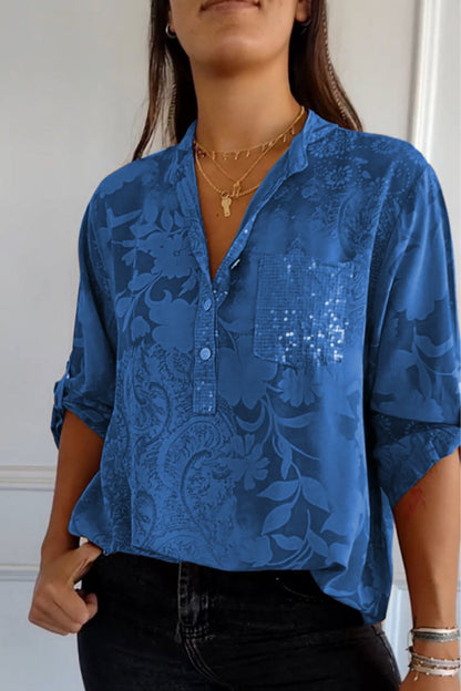 Pocket Contrast Mandarin Collar Blouses(10 Colors)