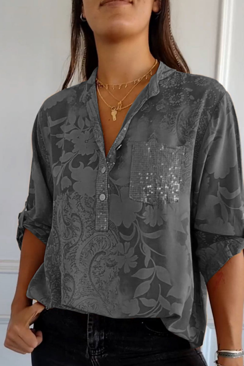 Pocket Contrast Mandarin Collar Blouses(10 Colors)
