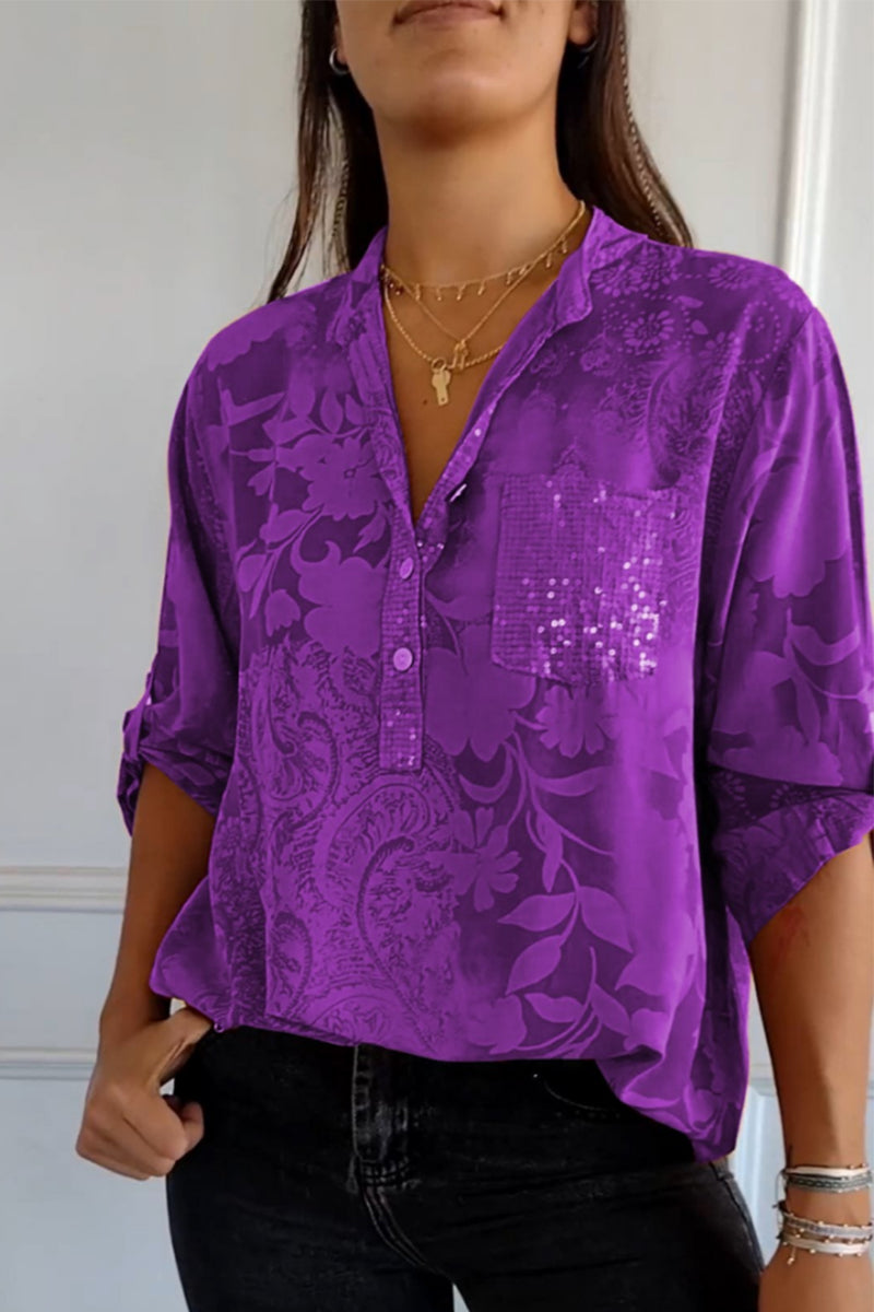 Pocket Contrast Mandarin Collar Blouses(10 Colors)