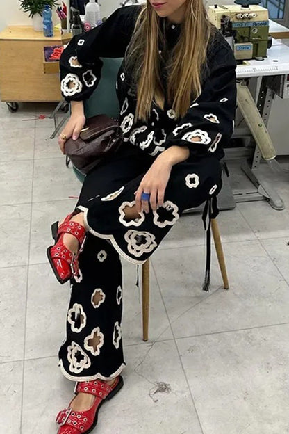 Hook Flower Hollowed Out Turndown Collar Long Sleeve Two Pieces