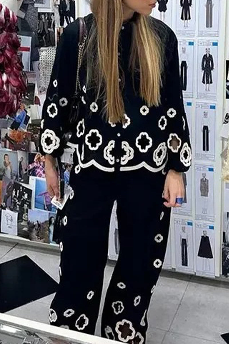 Hook Flower Hollowed Out Turndown Collar Long Sleeve Two Pieces
