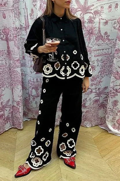 Hook Flower Hollowed Out Turndown Collar Long Sleeve Two Pieces