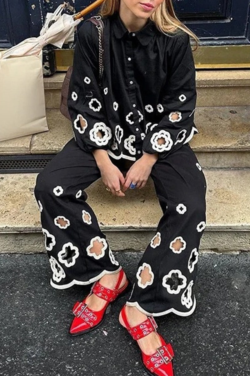 Hook Flower Hollowed Out Turndown Collar Long Sleeve Two Pieces