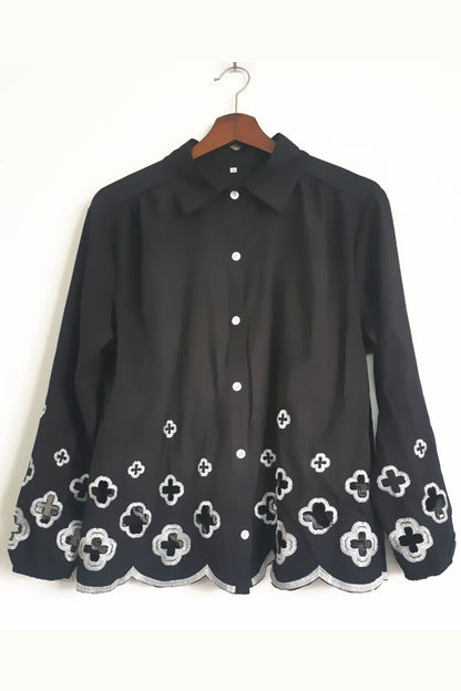 Hook Flower Hollowed Out Turndown Collar Long Sleeve Two Pieces