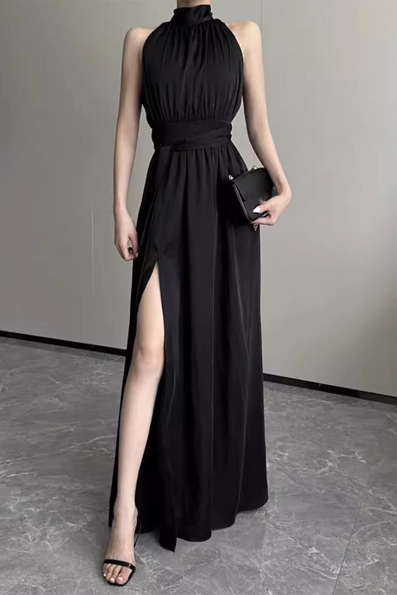 Celebrities Slit Fold Halter Waist Skirt Dresses