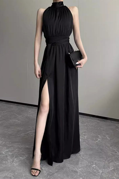 Celebrities Slit Fold Halter Waist Skirt Dresses