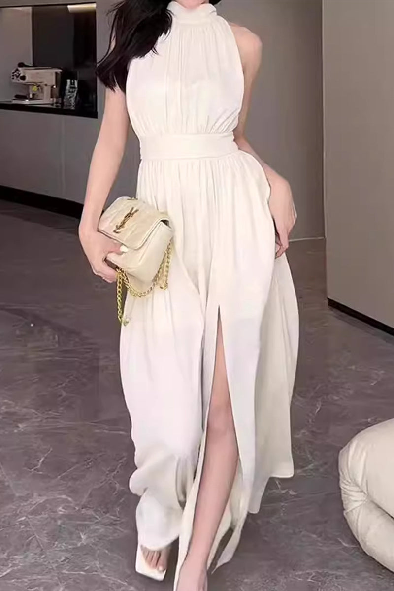 Celebrities Slit Fold Halter Waist Skirt Dresses