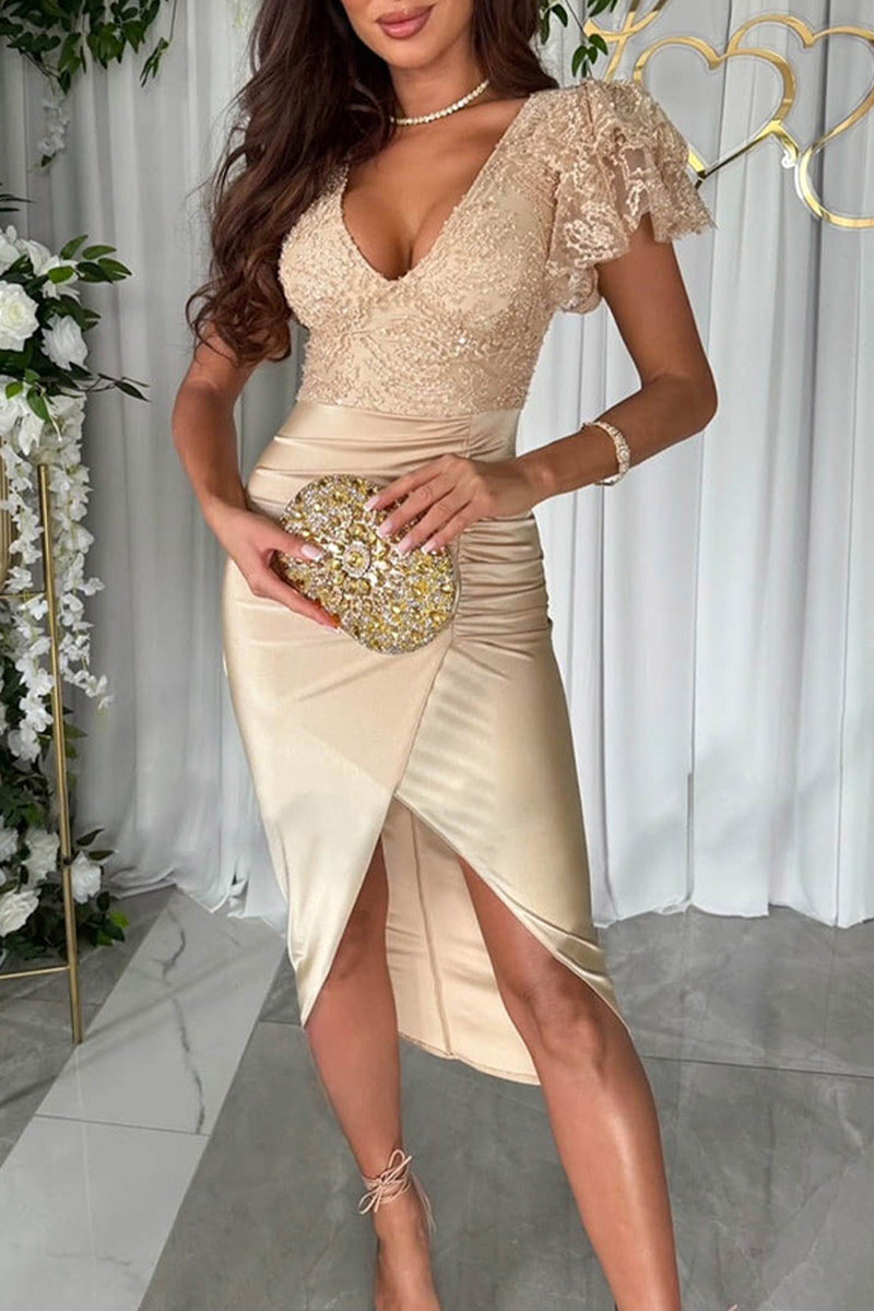 Celebrities Sequins Fold V Neck Wrapped Skirt Dresses