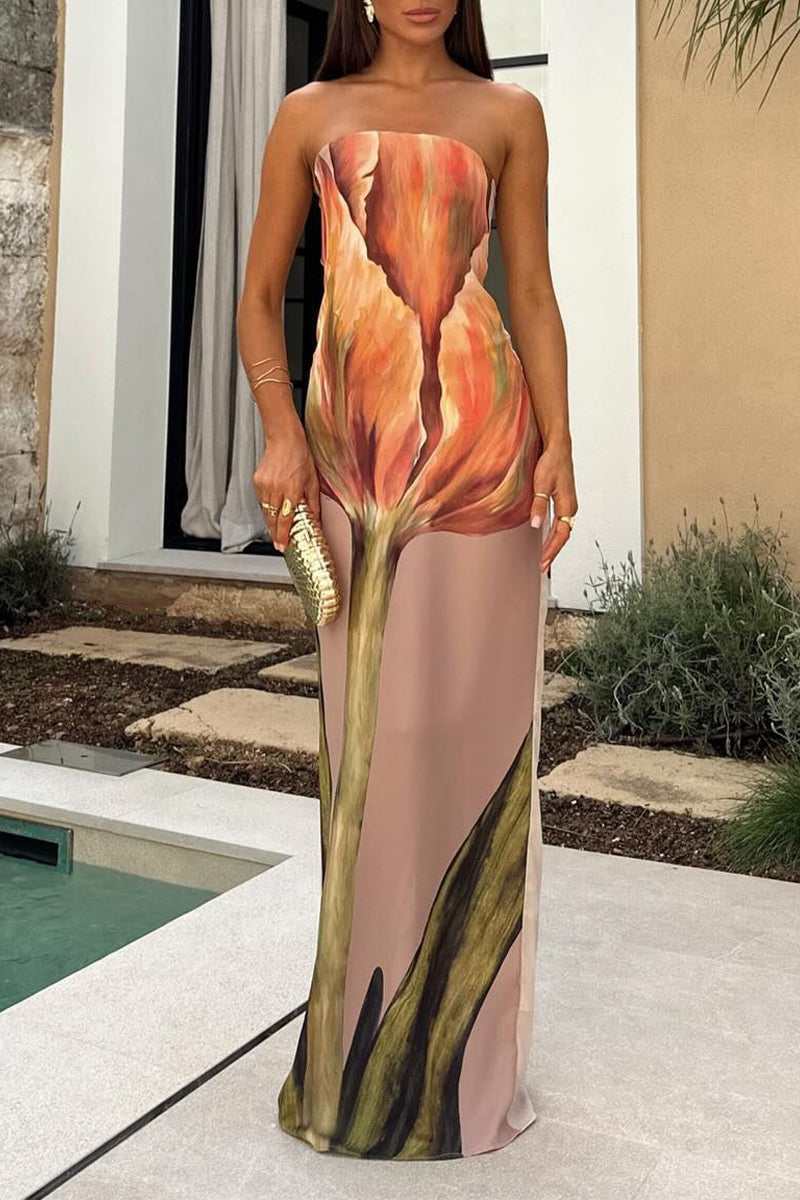 Print Flowers Slit Zipper Strapless One Step Skirt Dresses