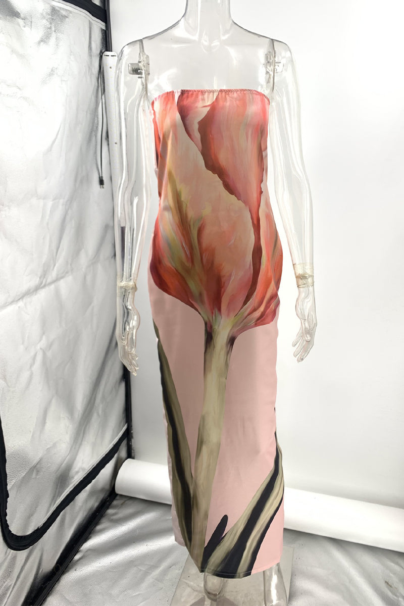 Print Flowers Slit Zipper Strapless One Step Skirt Dresses