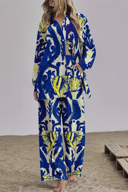 Geometric Not Positioning Printed Pocket Turndown Collar Long Sleeve Two Pieces