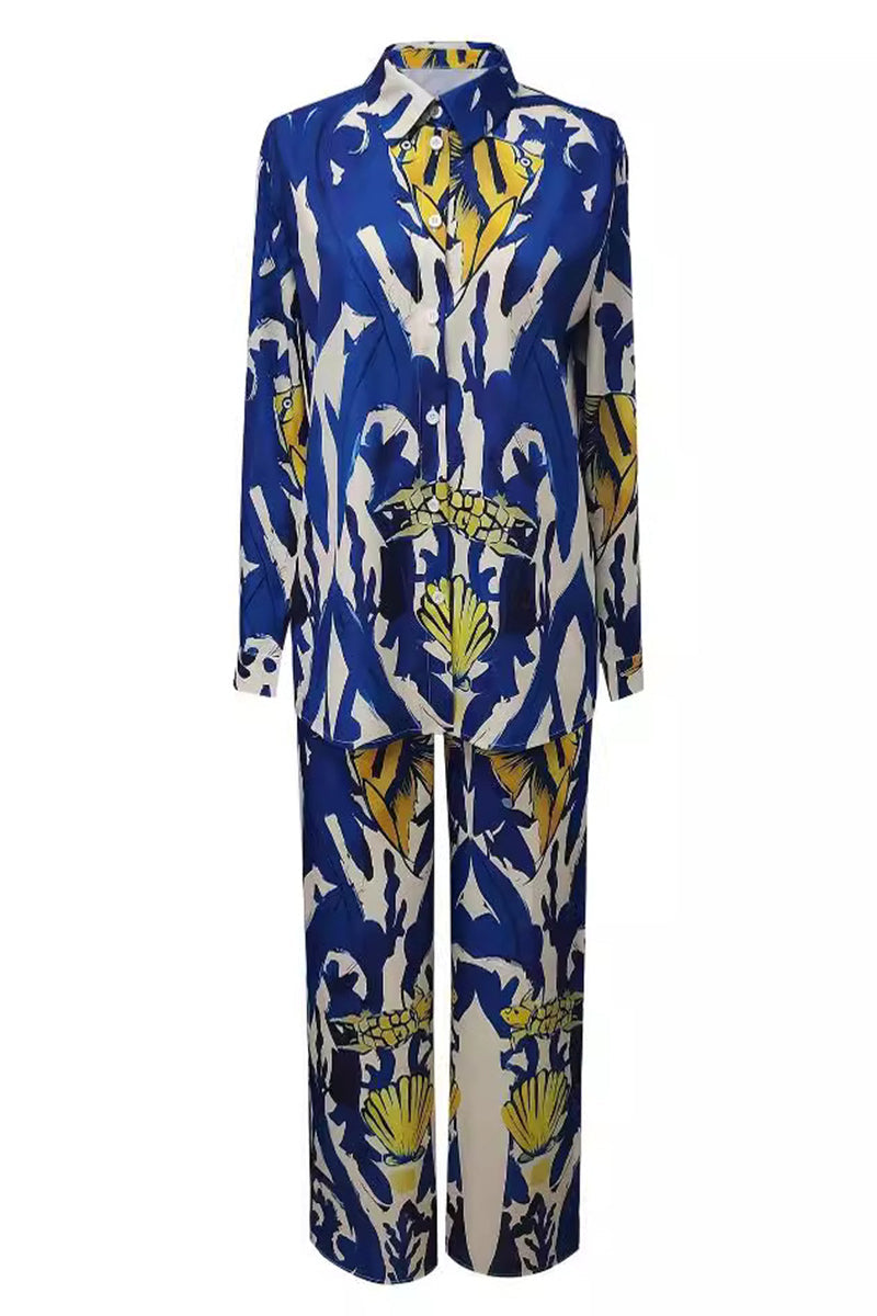 Geometric Not Positioning Printed Pocket Turndown Collar Long Sleeve Two Pieces