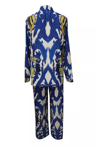 Geometric Not Positioning Printed Pocket Turndown Collar Long Sleeve Two Pieces