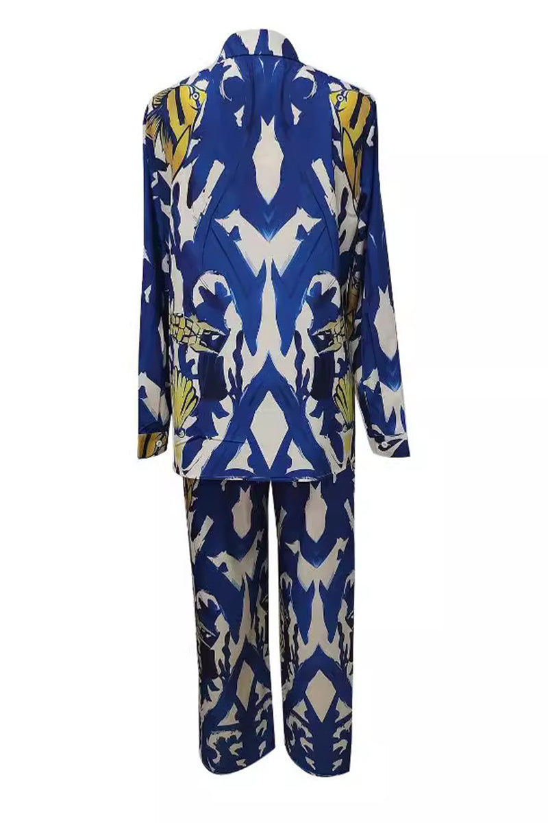Geometric Not Positioning Printed Pocket Turndown Collar Long Sleeve Two Pieces