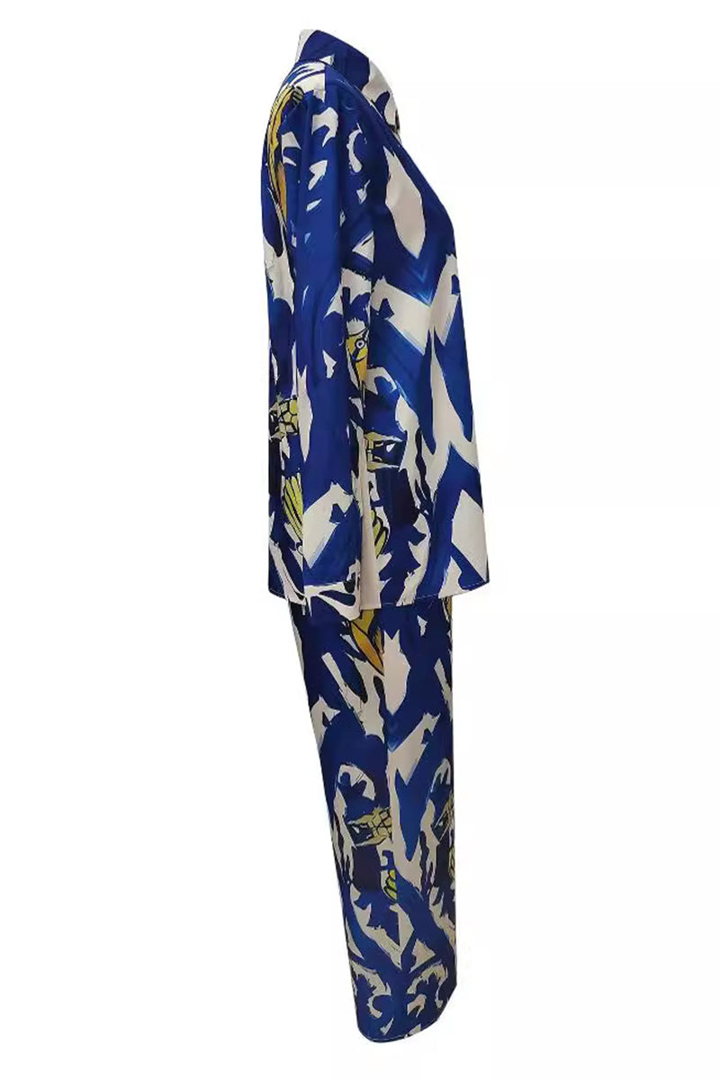 Geometric Not Positioning Printed Pocket Turndown Collar Long Sleeve Two Pieces