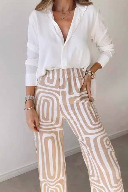 Striped Print Turndown Collar Long Sleeve Two Pieces