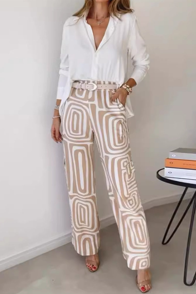 Striped Print Turndown Collar Long Sleeve Two Pieces