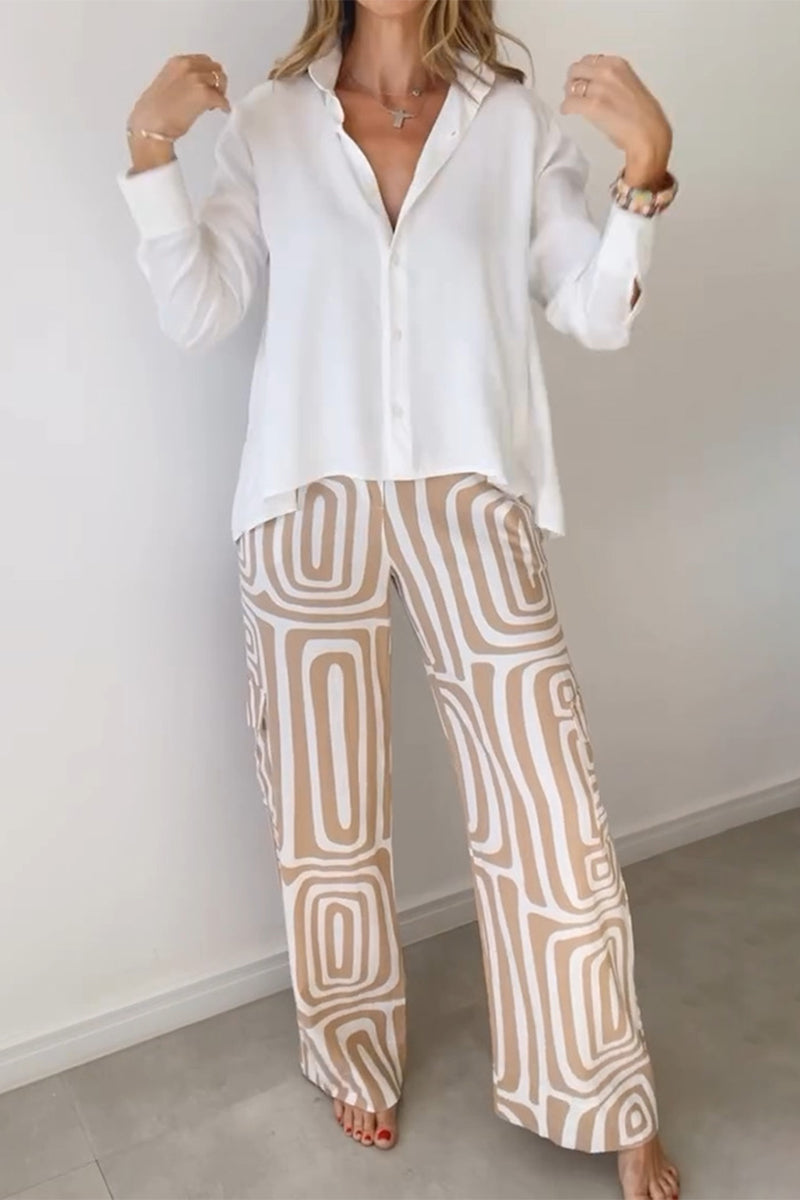 Striped Print Turndown Collar Long Sleeve Two Pieces