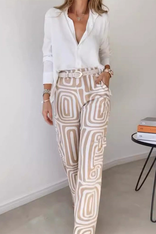 Striped Print Turndown Collar Long Sleeve Two Pieces