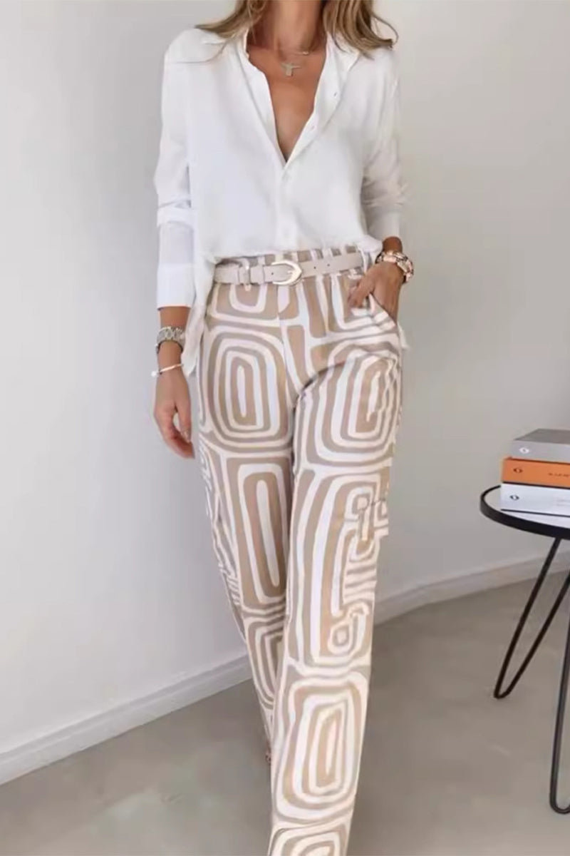 Striped Print Turndown Collar Long Sleeve Two Pieces