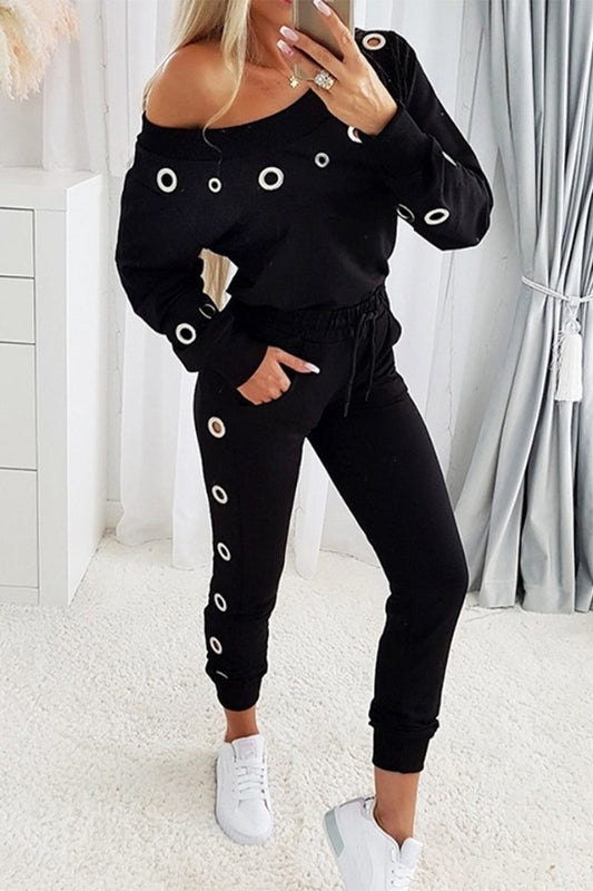 Pocket Metal Accessories Decoration Oblique Collar Long Sleeve Two Pieces