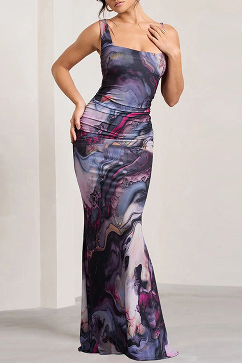 Gradient Print Square Collar One Step Skirt Dresses