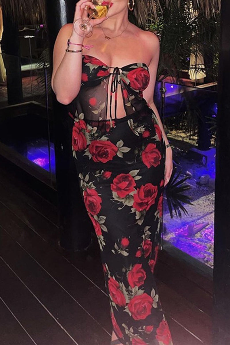 Flowers Mesh Strapless Sleeveless Two Pieces