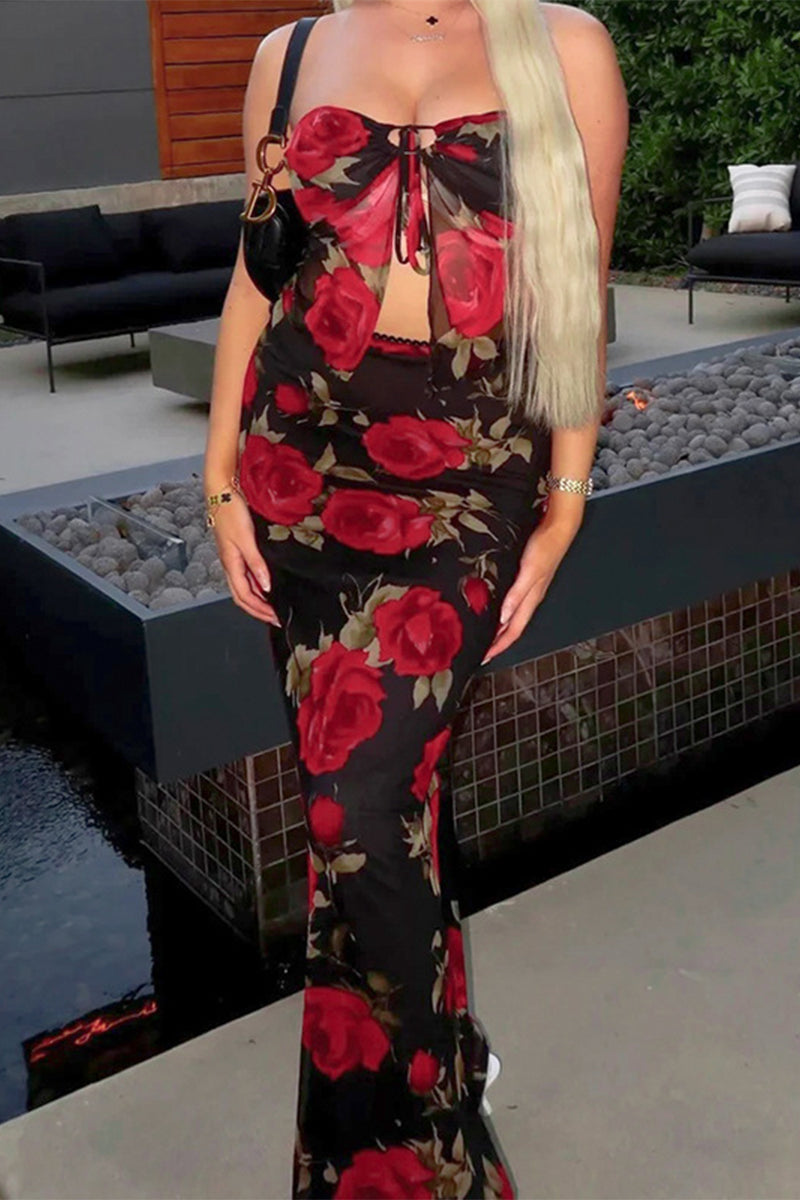 Flowers Mesh Strapless Sleeveless Two Pieces
