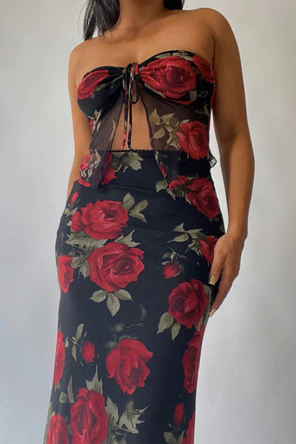Flowers Mesh Strapless Sleeveless Two Pieces