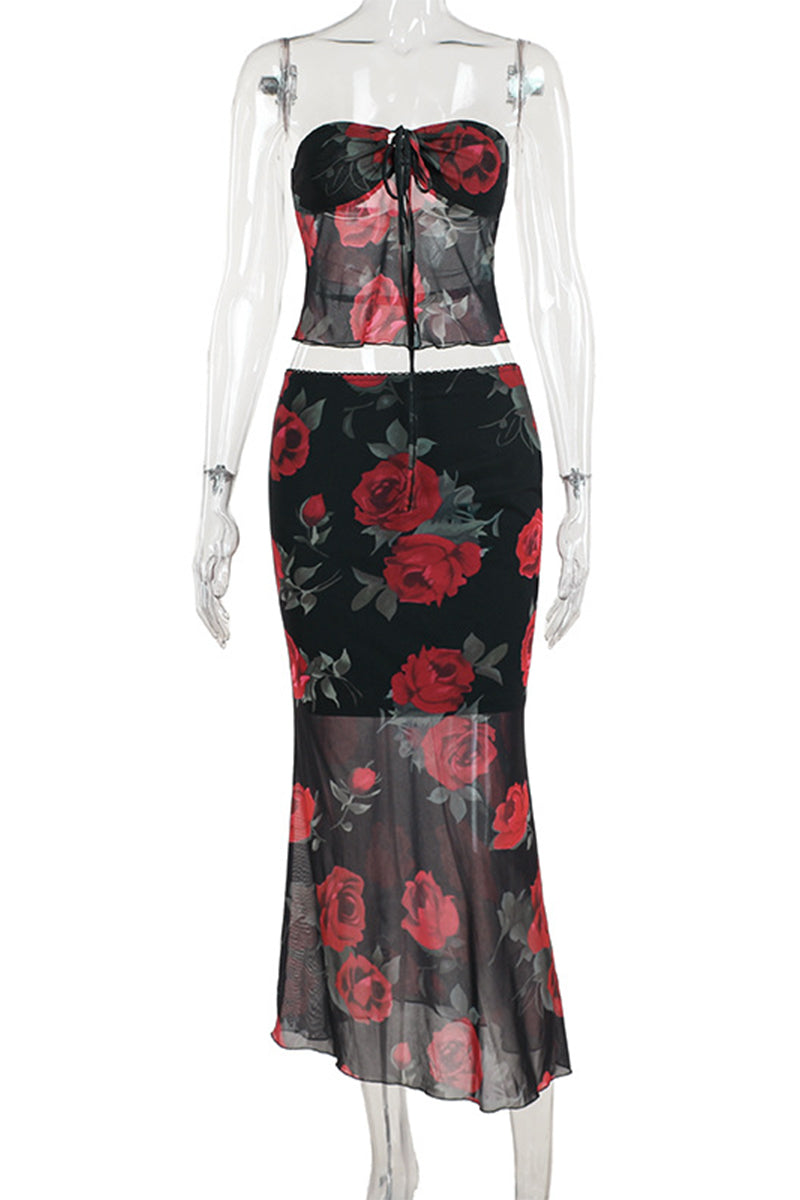 Flowers Mesh Strapless Sleeveless Two Pieces
