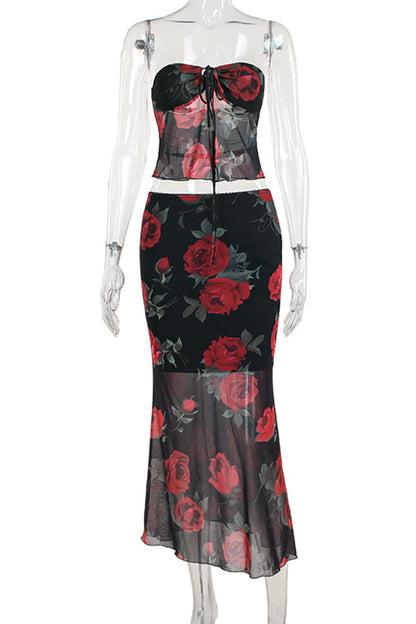 Flowers Mesh Strapless Sleeveless Two Pieces
